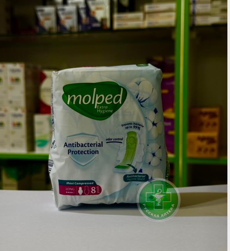 Молпед Антибактериальная защита Женские длинные гигиенические прокладки 8 штук