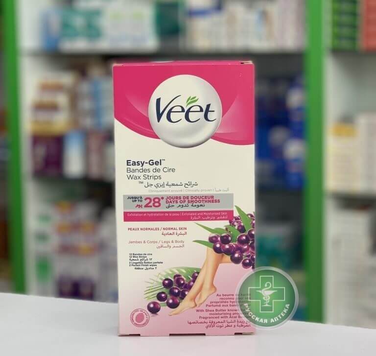 Veet Восковые полоски для нормальной кожи с технологией Easy-Gel, маслом ши и ароматом ягод асаи 12 штук