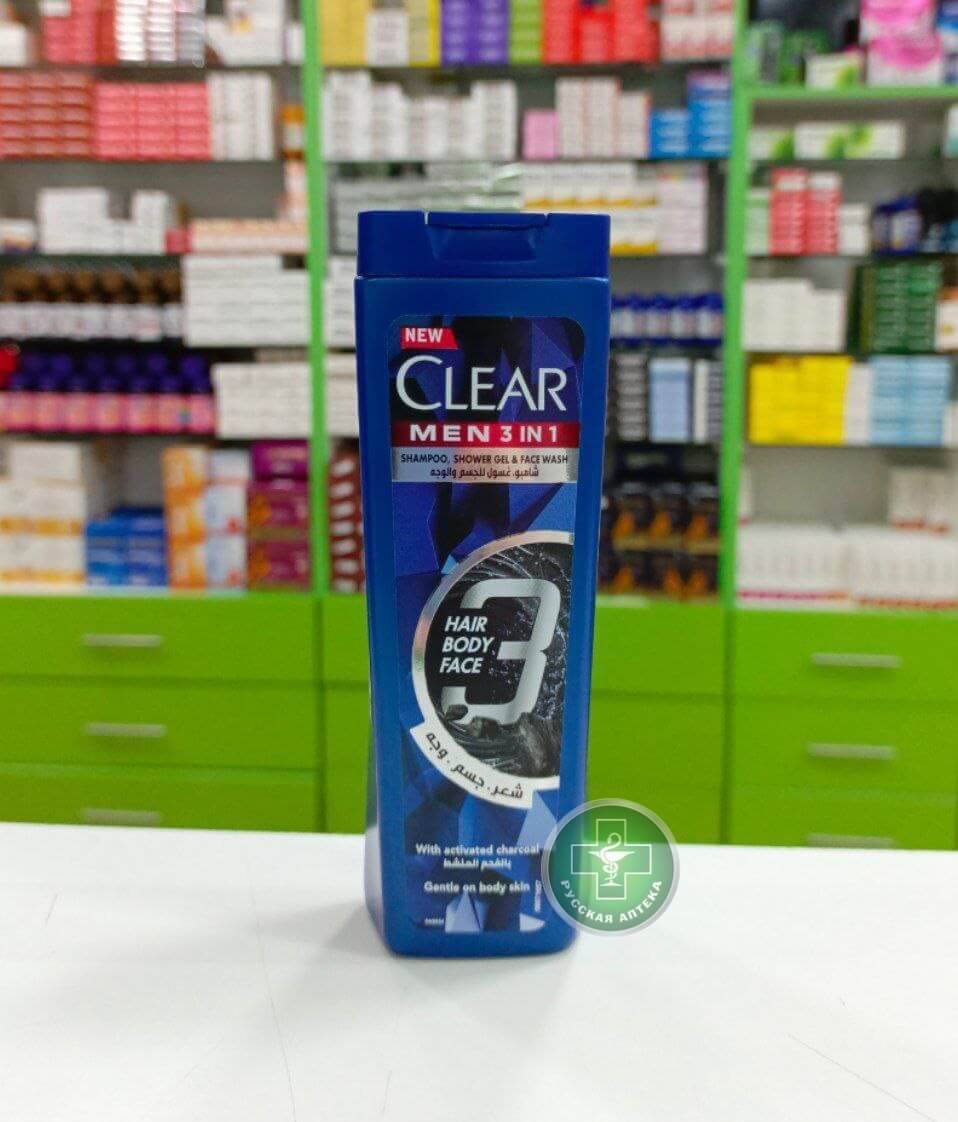 Clear Men 3‑в‑1 мужской шампунь, гель для душа и умывания с активированным углём 180 мл