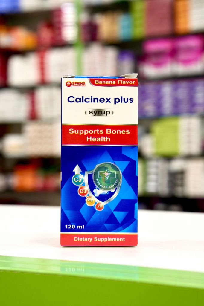 Calcinex Plus – Dietary supplement in syrup form with calcium, vitamin D3, magnesium and zinc (Banana flavor), 120 ml