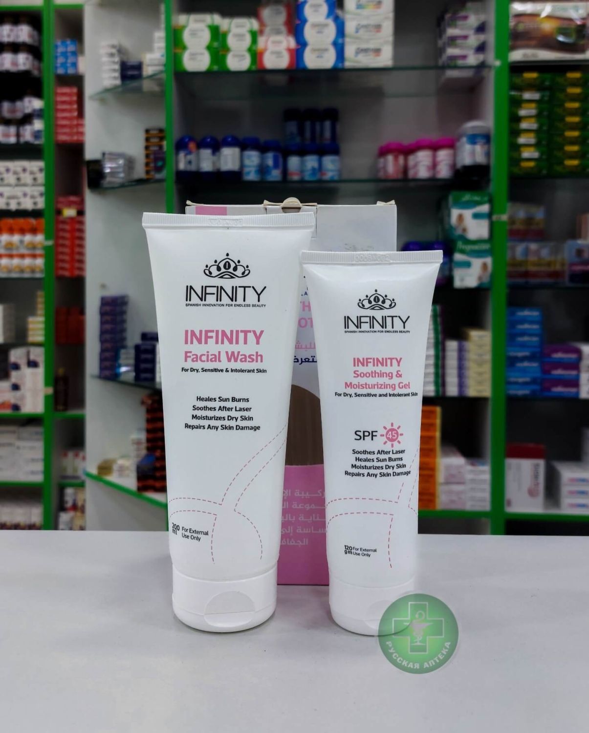 Infinity Soothing Duo set 1+1 Facial cleanser for sensitive skin 200 ml & Moisturizing sunscreen gel SPF 45 120 g